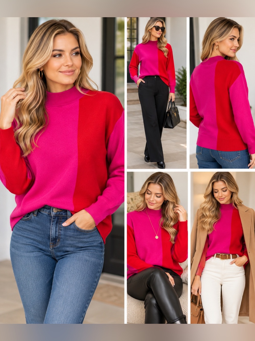 Anne Klein Sweater Mock Turtleneck Pink Red Womens **See Measurements**